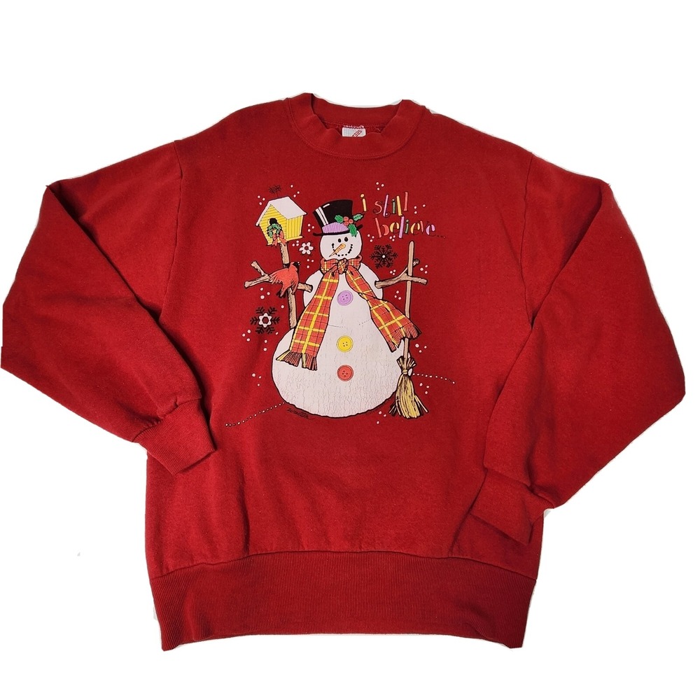 Vintage Jerzees 80s Christmas Sweatshirt Sz Small Red Snowman I Still Believe US